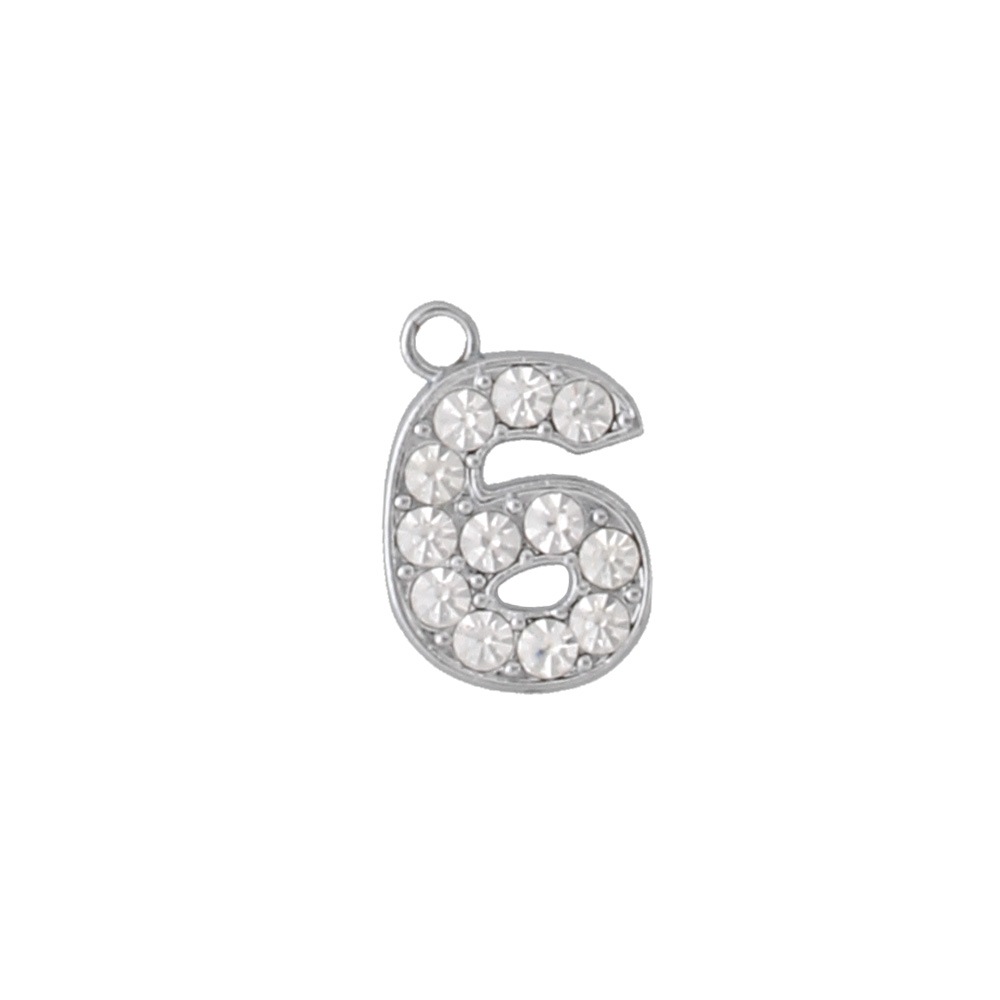 アルファベットラインストーンチャーム PE128 クローム （6：数字）本体のみ/カニカンフック付き