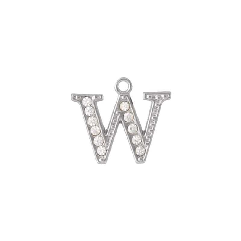 アルファベットラインストーンチャーム PE163 ニッケル （W）本体のみ/カニカンフック付き