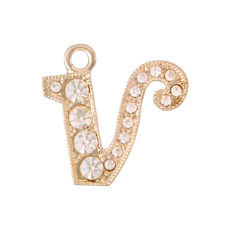 アルファベットラインストーンチャーム Y21S 薄金メッキ  （V）本体のみ/カニカンフック付き【在庫限り】
