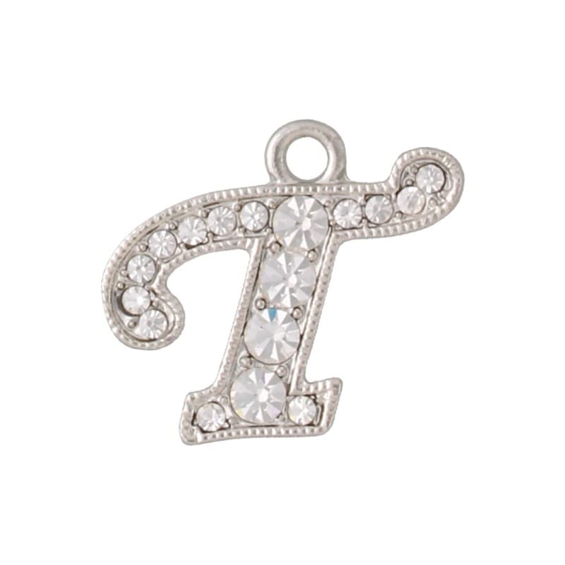 アルファベットラインストーンチャーム Y21S 錫メッキ  （T）本体のみ/カニカンフック付き