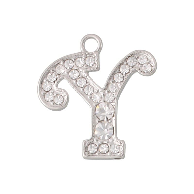 アルファベットラインストーンチャーム Y21S 錫メッキ  （Y）本体のみ/カニカンフック付き