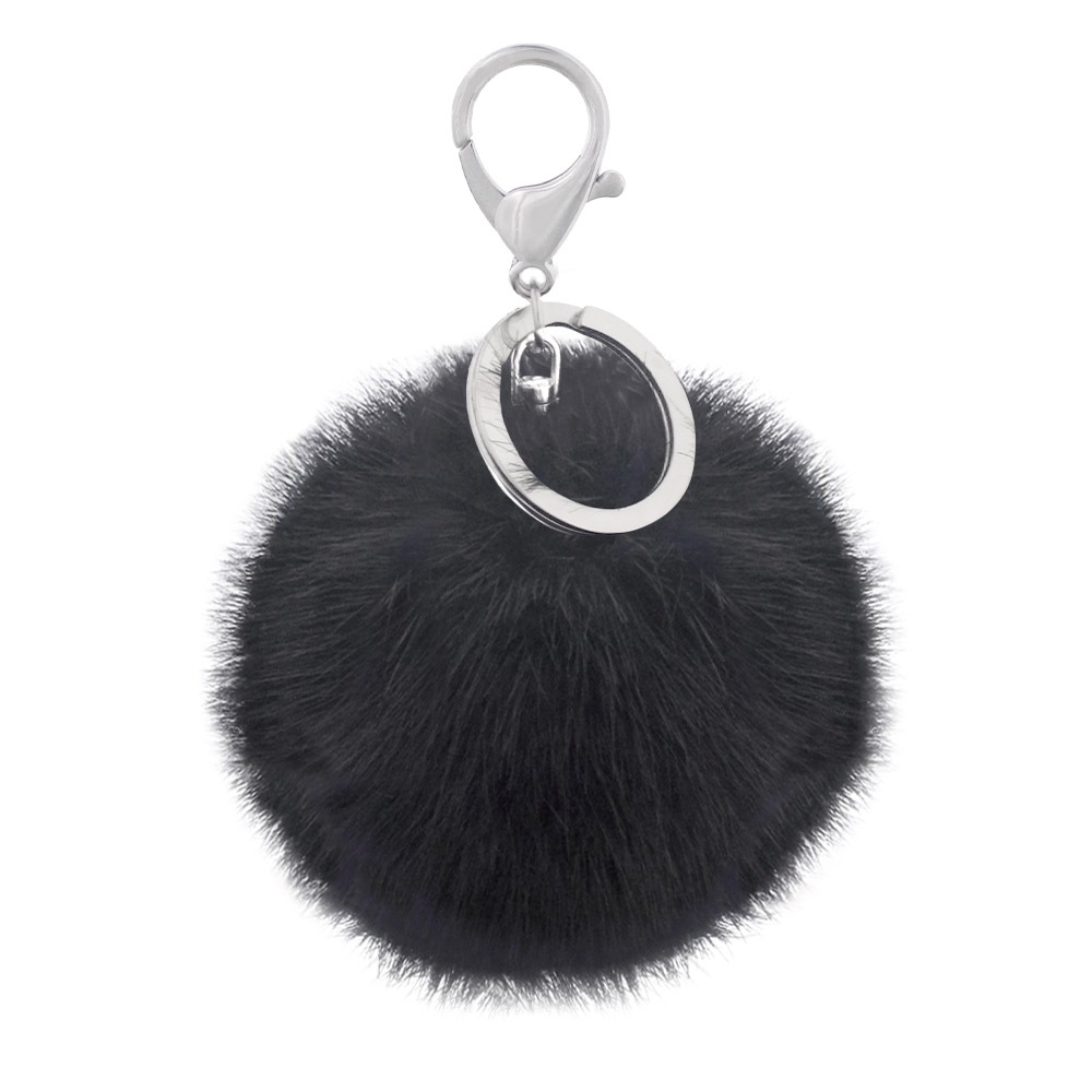 フェイクファーチャーム ブラック 12cm 二重リング＆フック付き シルバー