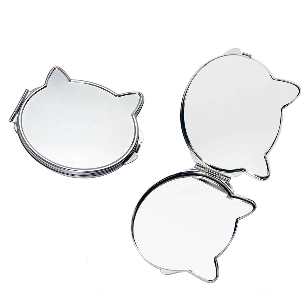 コンパクトミラー 落とし付き ネコ型 68×75mm シルバー｜パーツ
