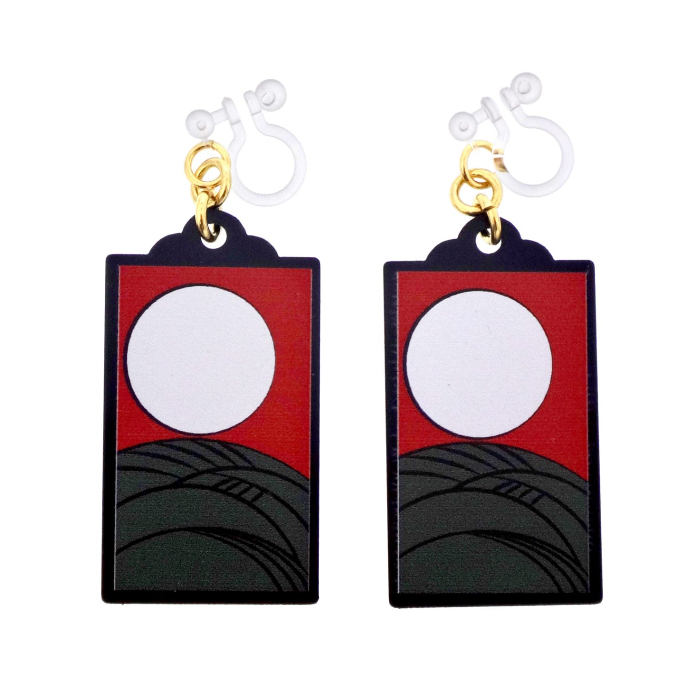 花札イヤリング 樹脂イヤリング ノンホールピアス 8月 芒（すすき）に満月 1ペア（2個組）