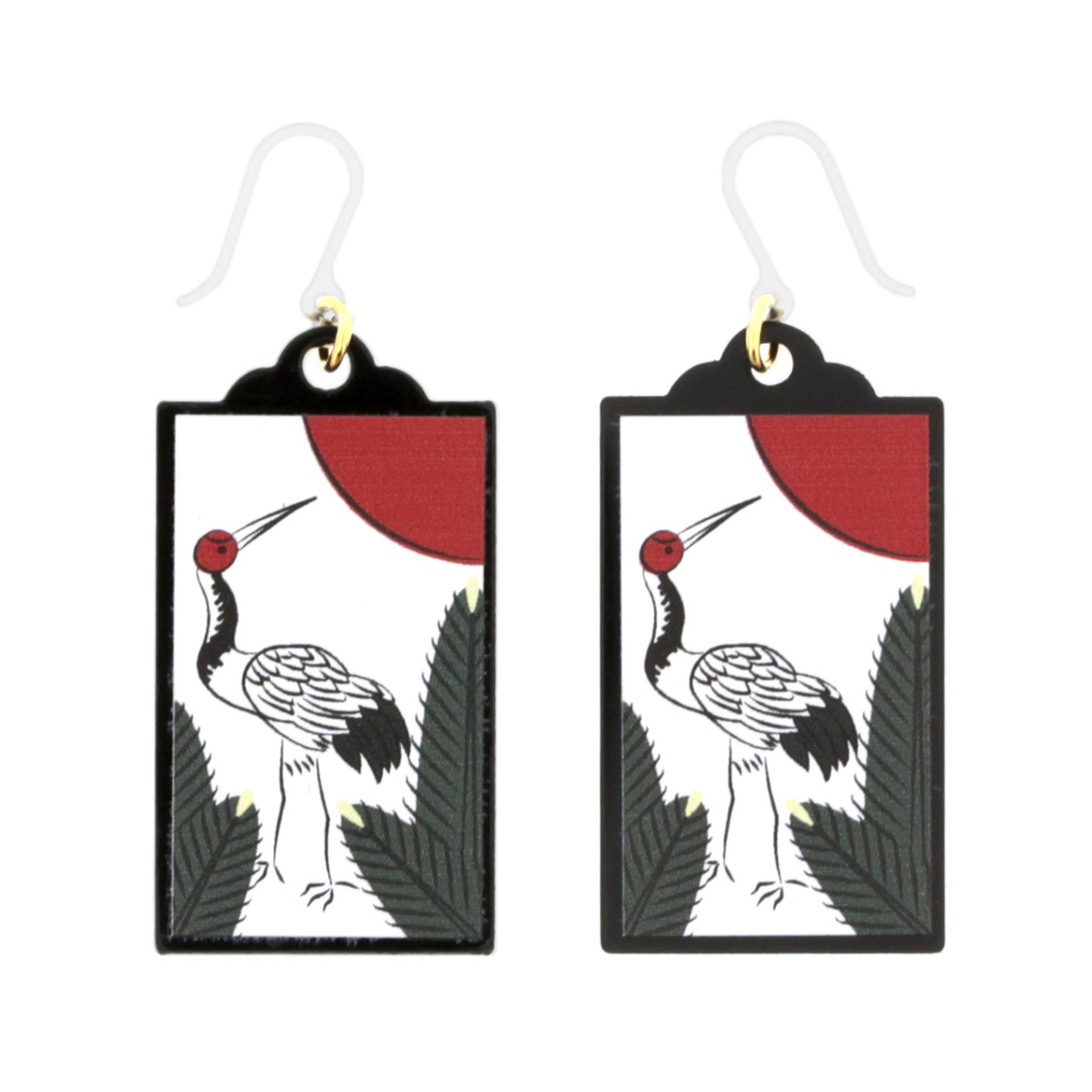 花札ピアス 樹脂ピアス フックタイプ 1月 松に鶴 1ペア（2個組）