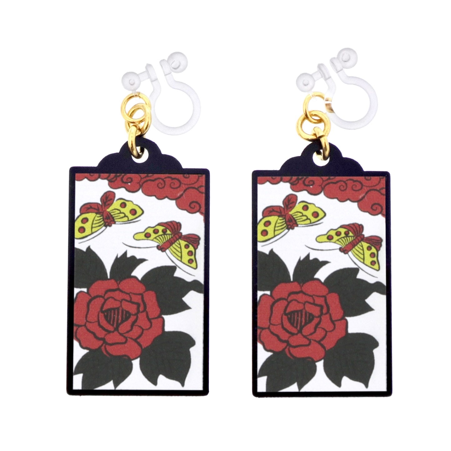 花形イヤリング 花札イヤリング 樹脂イヤリング ノンホールピアス 6月 牡丹に蝶