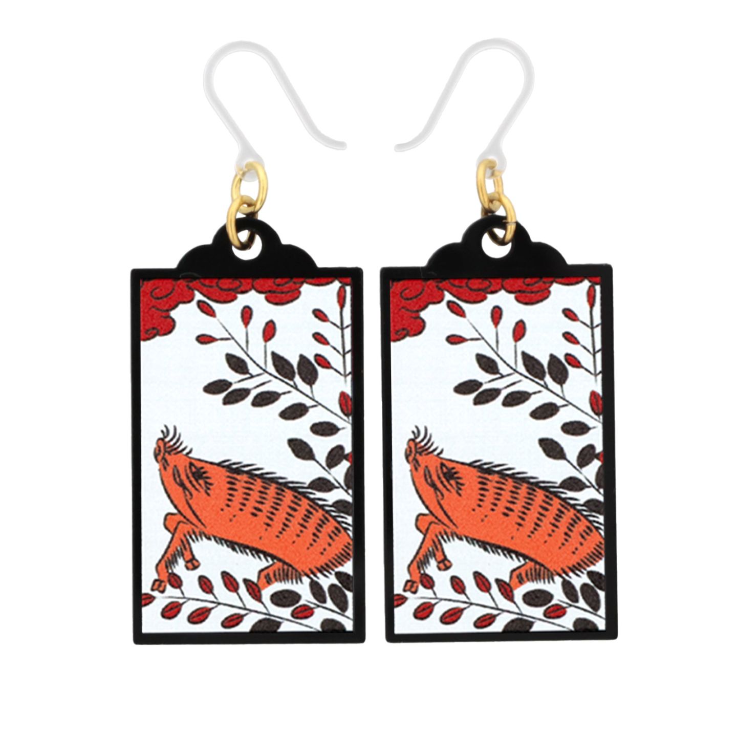 花札ピアス 樹脂ピアス フックタイプ 7月 萩に猪 1ペア（2個組）