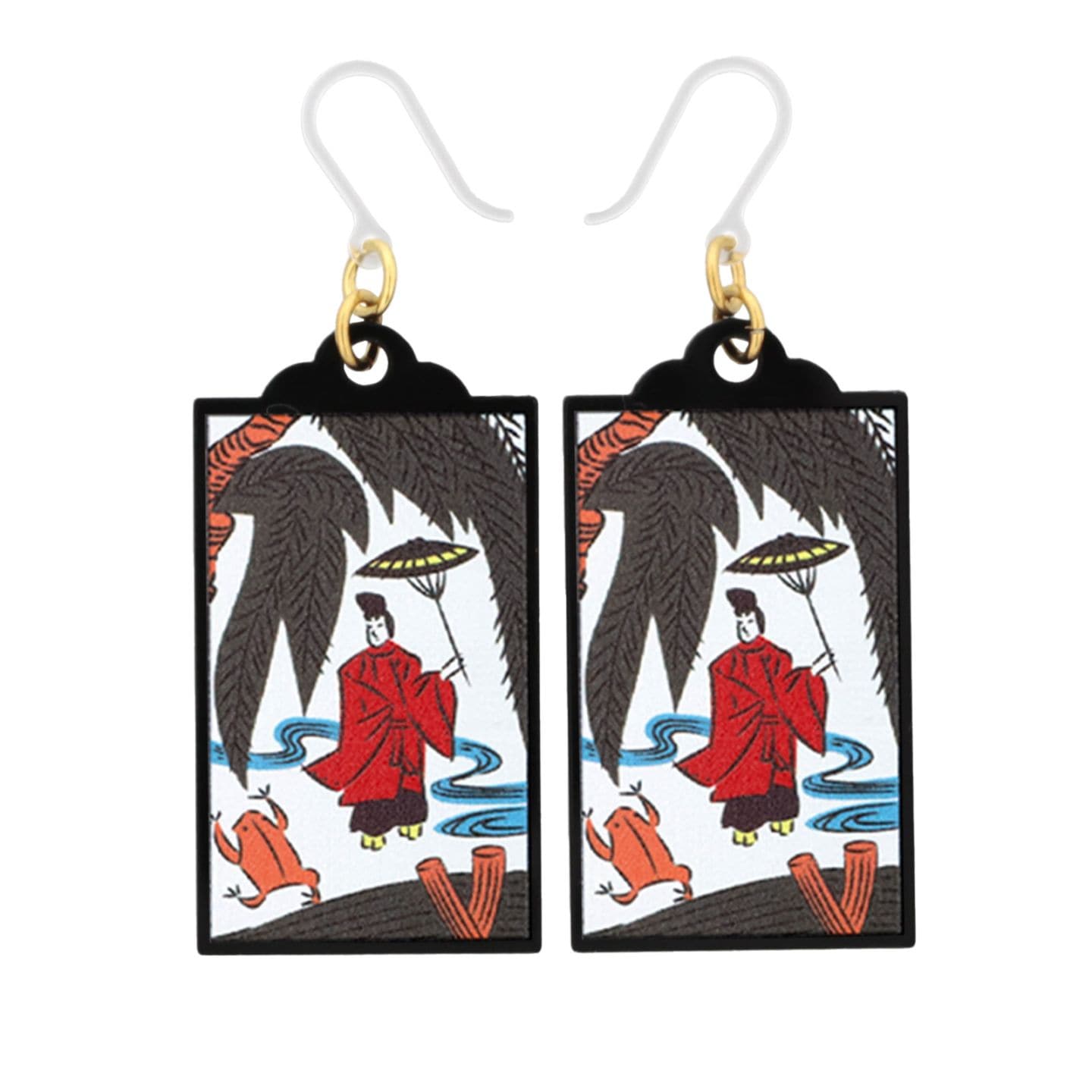花札ピアス 樹脂ピアス フックタイプ 11月 柳に小野道風(おののみちかぜ) 1ペア（2個組）