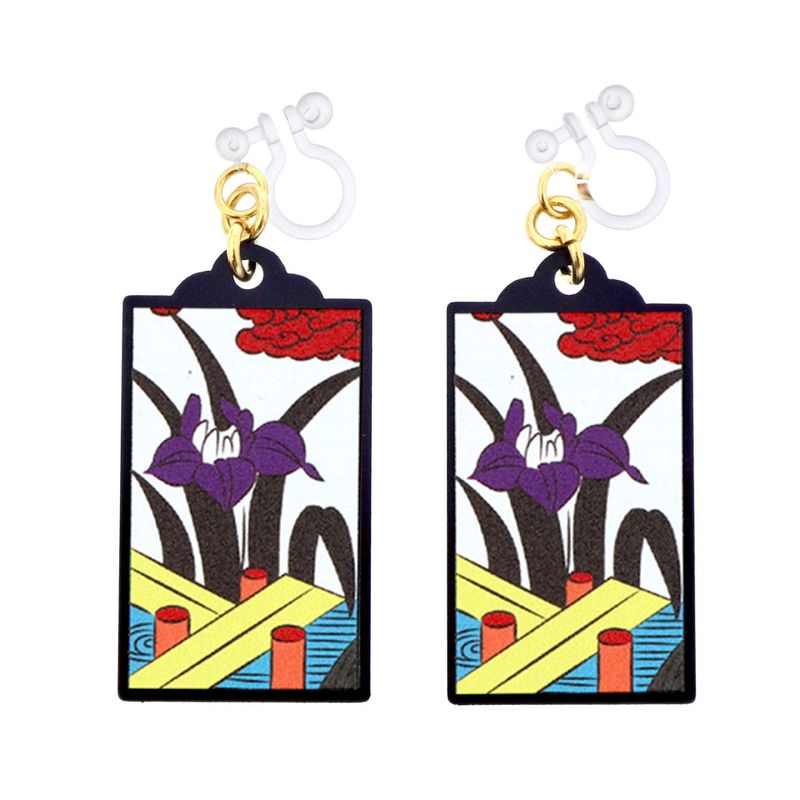 花札イヤリング 樹脂イヤリング ノンホールピアス 5月  菖蒲(あやめ)に八ﾂ橋 1ペア（2個組）