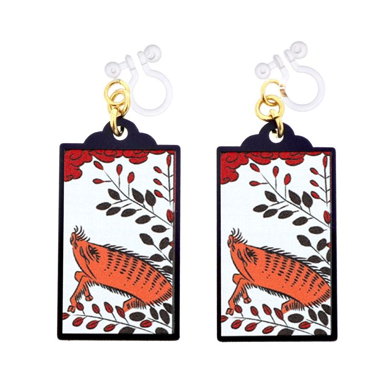 花札イヤリング 樹脂イヤリング ノンホールピアス 7月 萩に猪 1ペア（2個組）