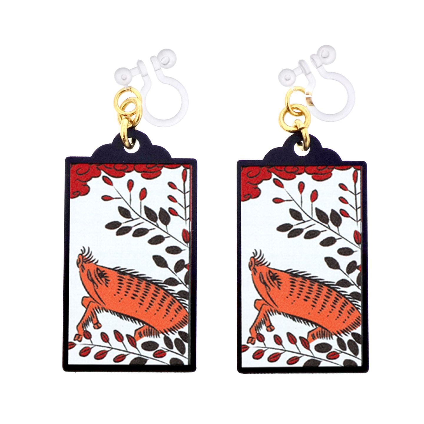 花札イヤリング 樹脂イヤリング ノンホールピアス 7月 萩に猪 1ペア（2個組）