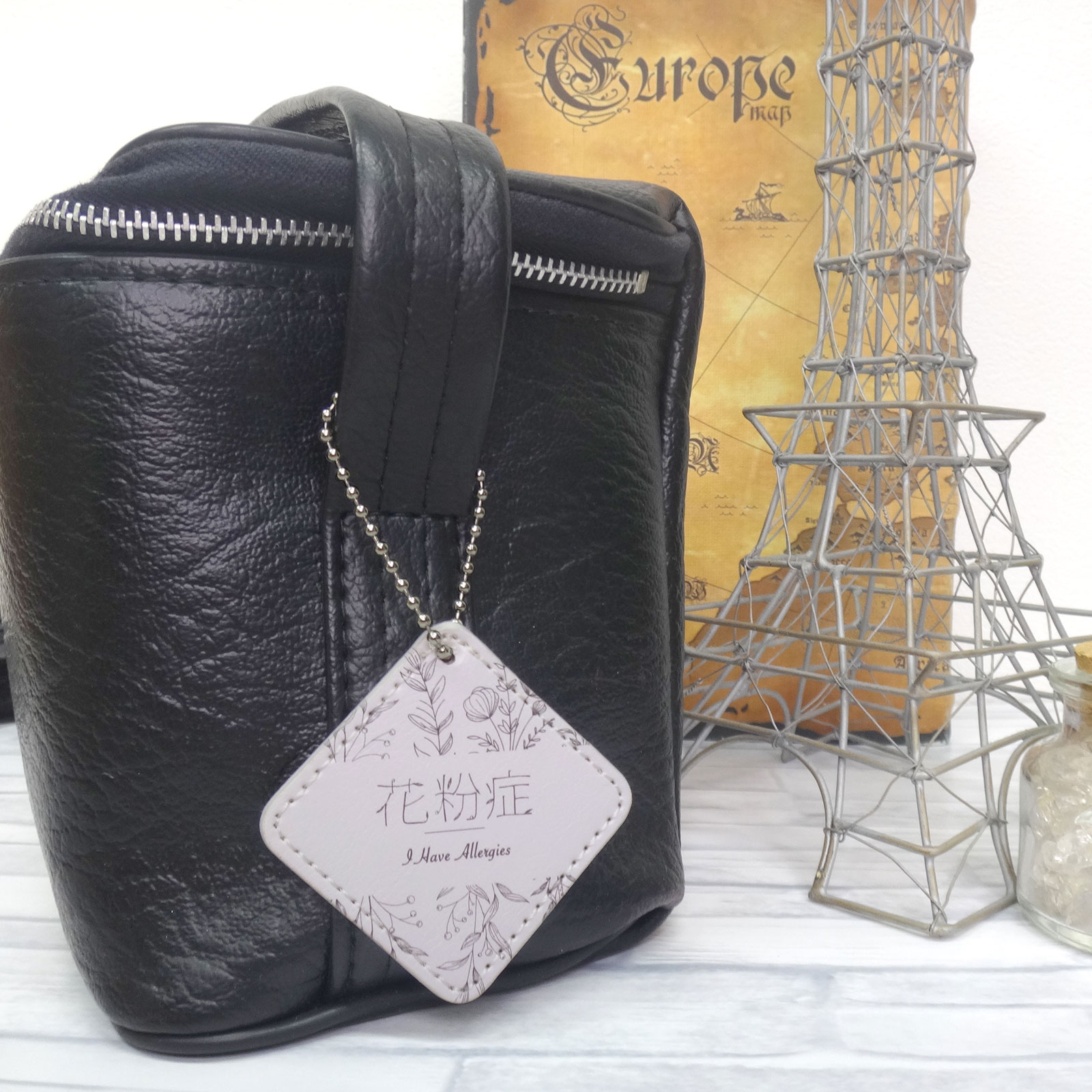 アレルギーチャーム PU製 合皮レザー プレートチャーム 丸形 ミラー付き ピンク