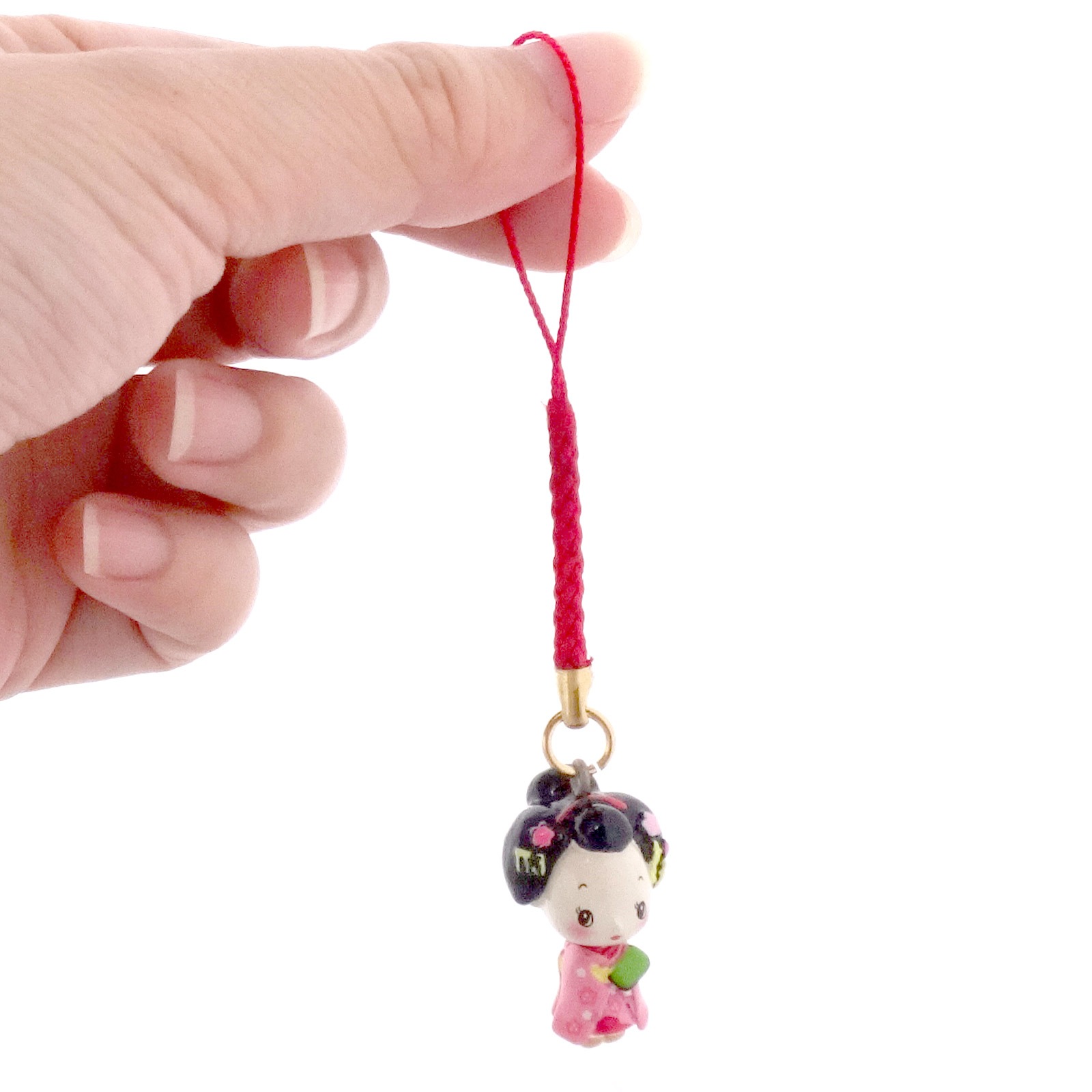 舞妓ストラップ 首振り舞妓 座り姿 ピンク 根付紐付き 完成品｜パーツ