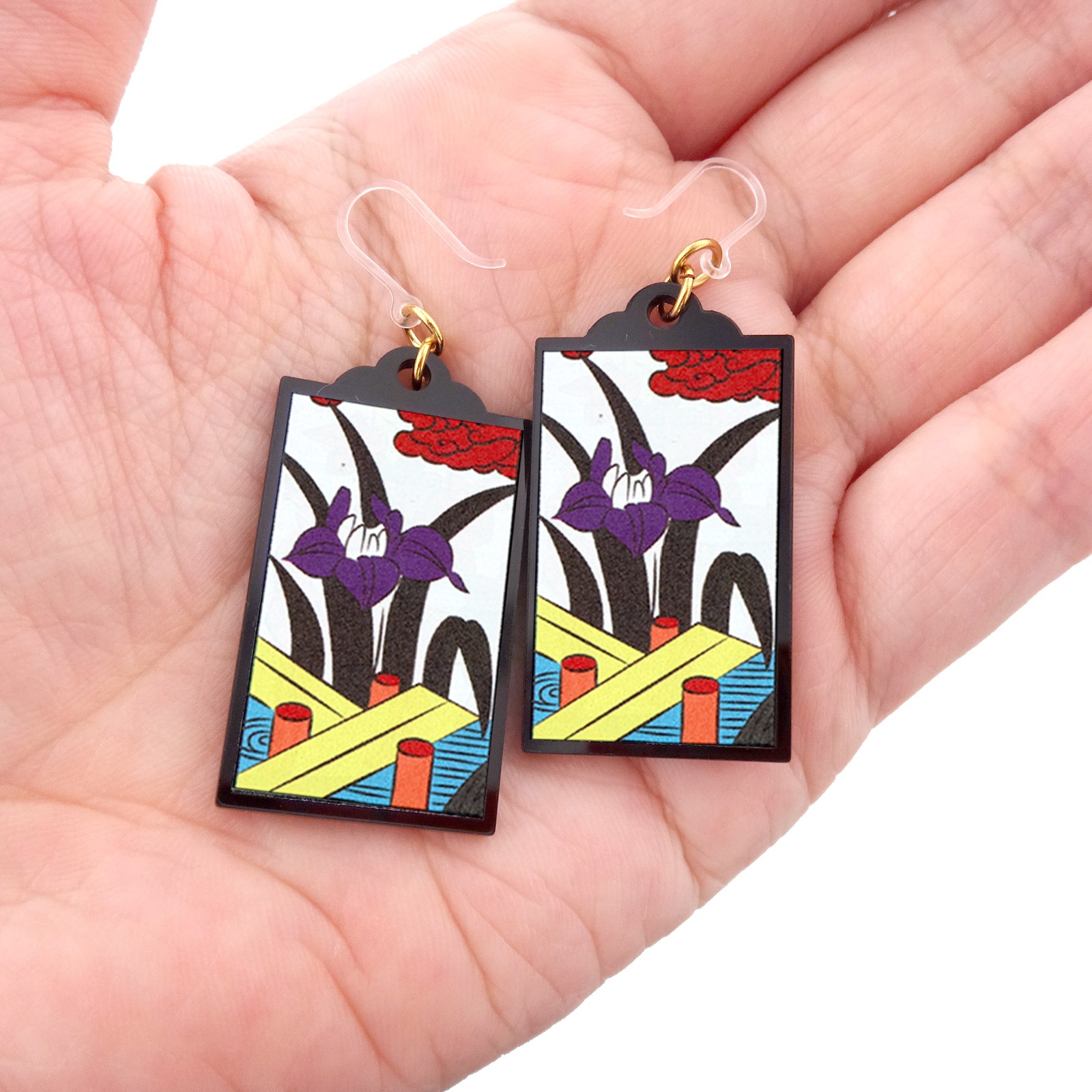 花札ピアス 樹脂ピアス フックタイプ 5月 菖蒲(あやめ)に八ﾂ橋 1ペア（2個組）