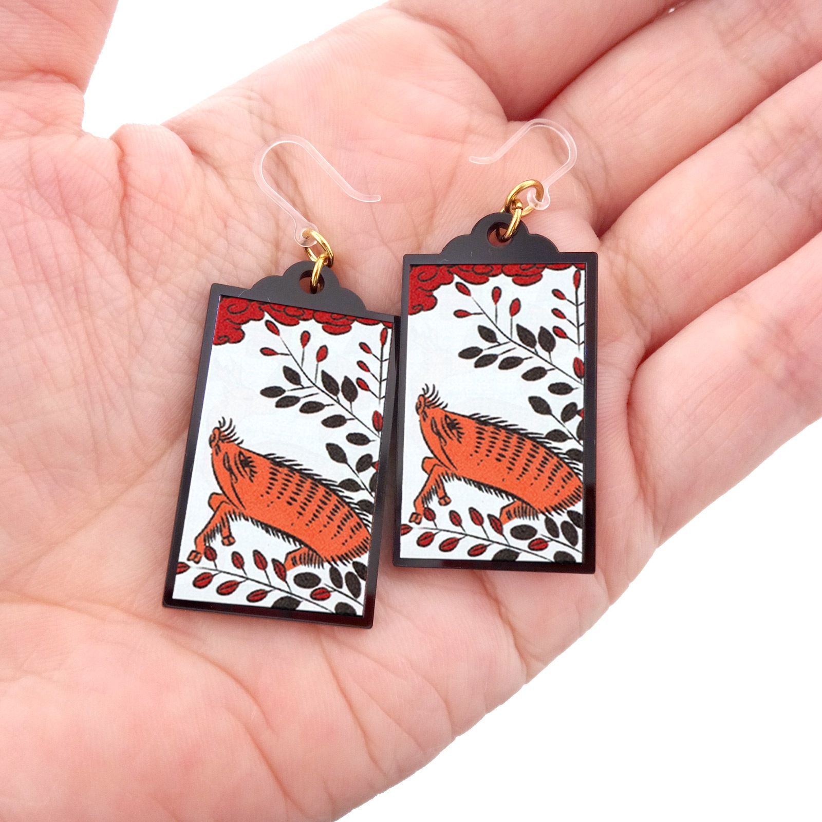 花札ピアス 樹脂ピアス フックタイプ 7月 萩に猪 1ペア（2個組）