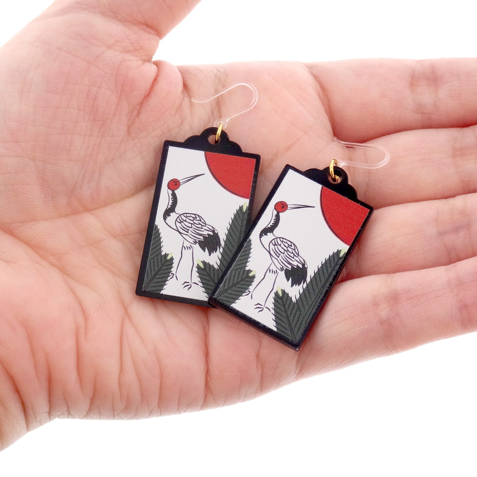 花札ピアス 樹脂ピアス フックタイプ 1月 松に鶴 1ペア（2個組）