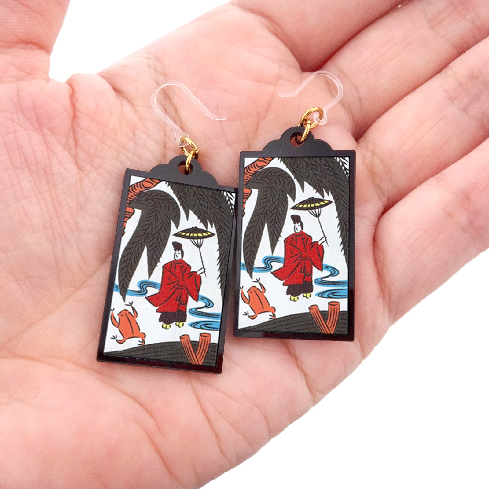 花札ピアス 樹脂ピアス フックタイプ 11月 柳に小野道風(おののみちかぜ) 1ペア（2個組）