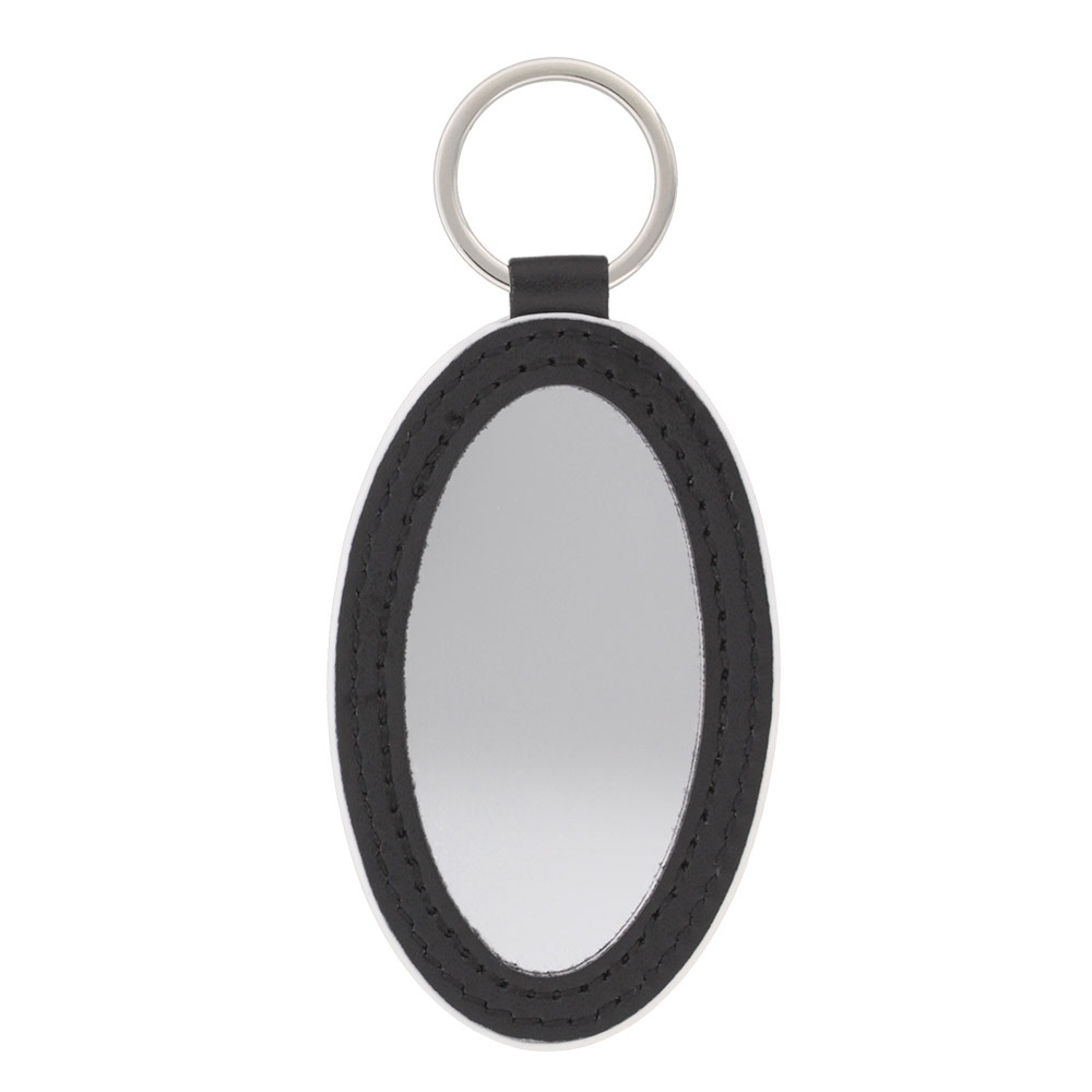 フラワーデザイン 合皮レザー タグキーホルダー 楕円型 ミラー付き グリーン