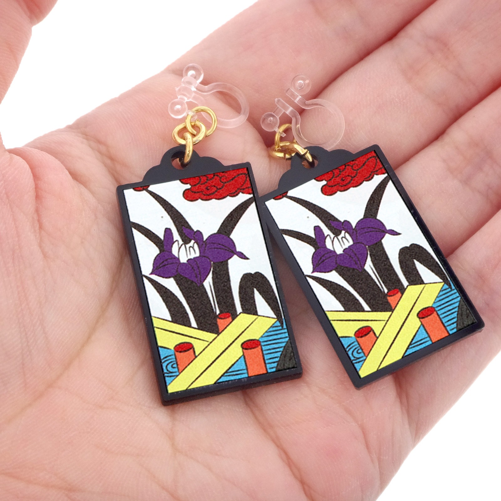 花札イヤリング 樹脂イヤリング ノンホールピアス 5月  菖蒲(あやめ)に八ﾂ橋 1ペア（2個組）