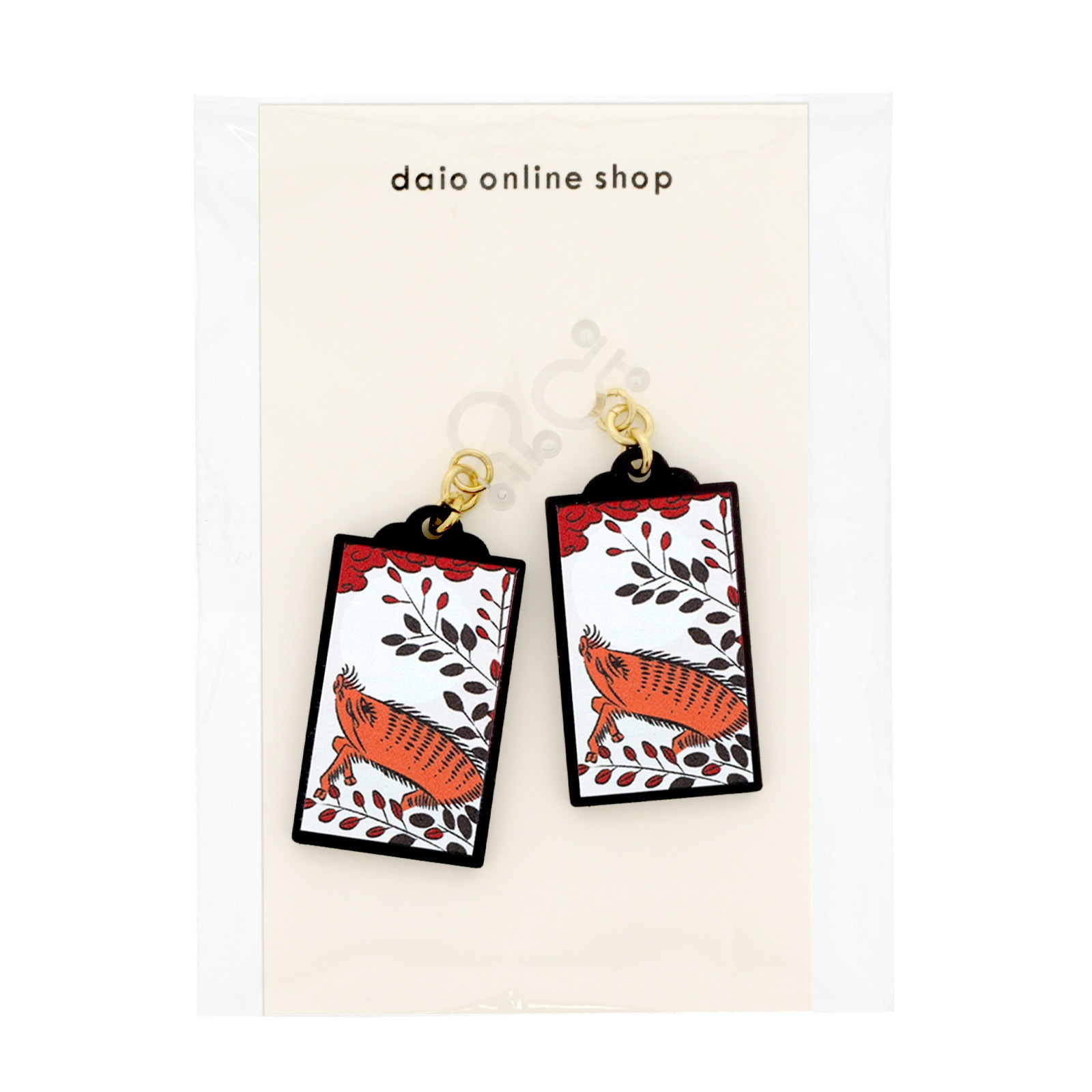 花札イヤリング 樹脂イヤリング ノンホールピアス 7月 萩に猪 1ペア（2個組）