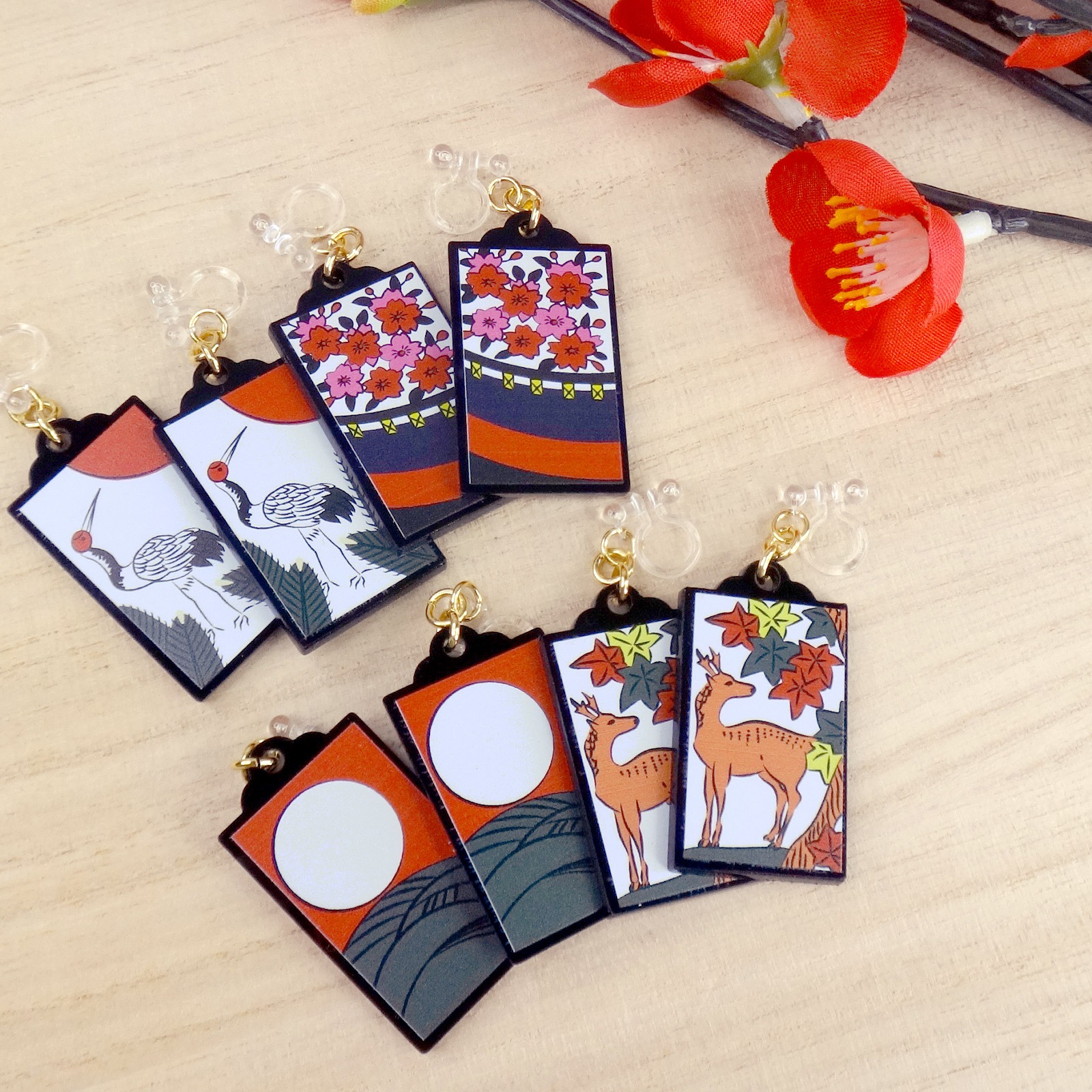 花札イヤリング 樹脂イヤリング ノンホールピアス 7月 萩に猪 1ペア（2個組）