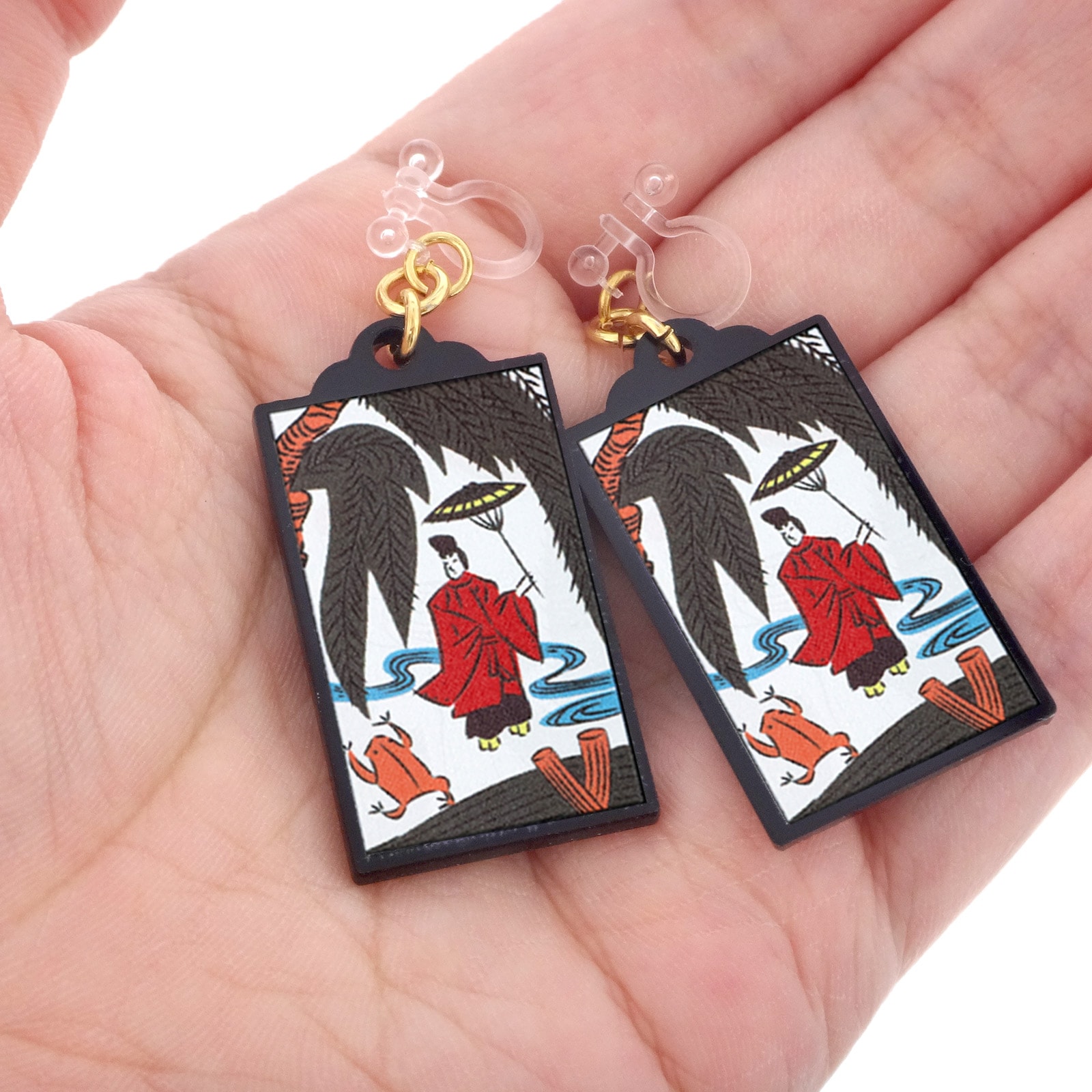 花札イヤリング 樹脂イヤリング ノンホールピアス 11月 柳に小野道風(おののみちかぜ) 1ペア（2個組）