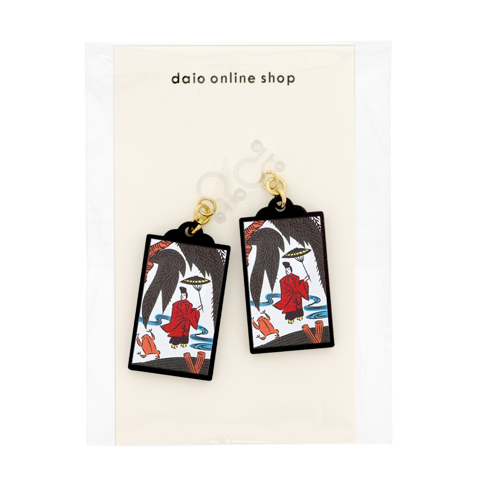 花札イヤリング 樹脂イヤリング ノンホールピアス 11月 柳に小野道風(おののみちかぜ) 1ペア（2個組）