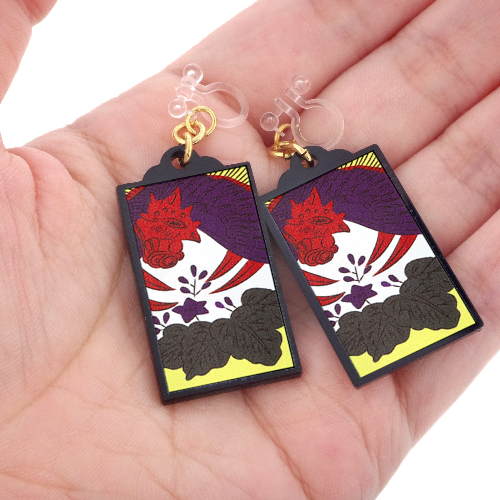 花札イヤリング 樹脂イヤリング ノンホールピアス 12月 桐に鳳凰(ほうおう)1ペア（2個組）