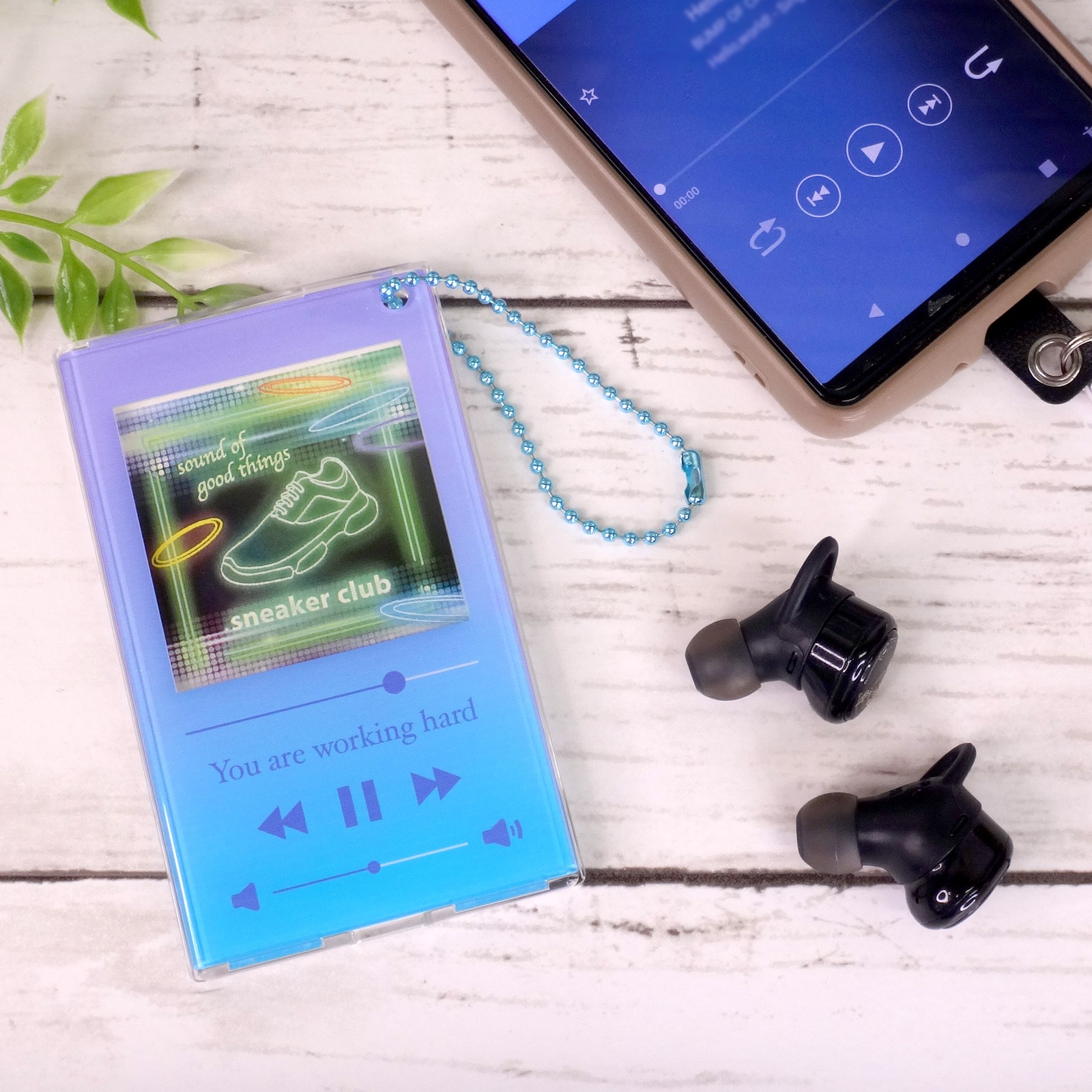 PCクリアパスケース 音楽プレイヤー風 ボールチェーン＆中紙付き ブルー