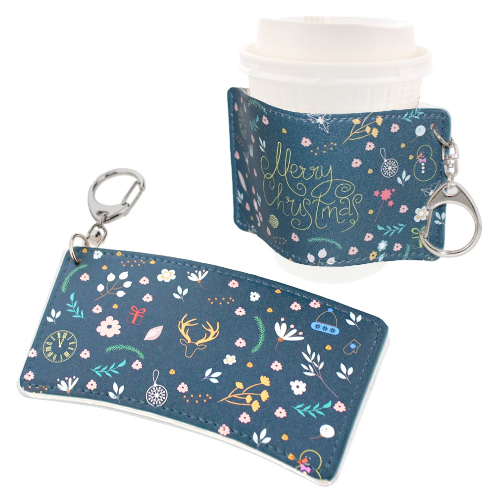 クリスマス カップスリーブ 合皮レザー製 デザインA（グリーン×フラワー）