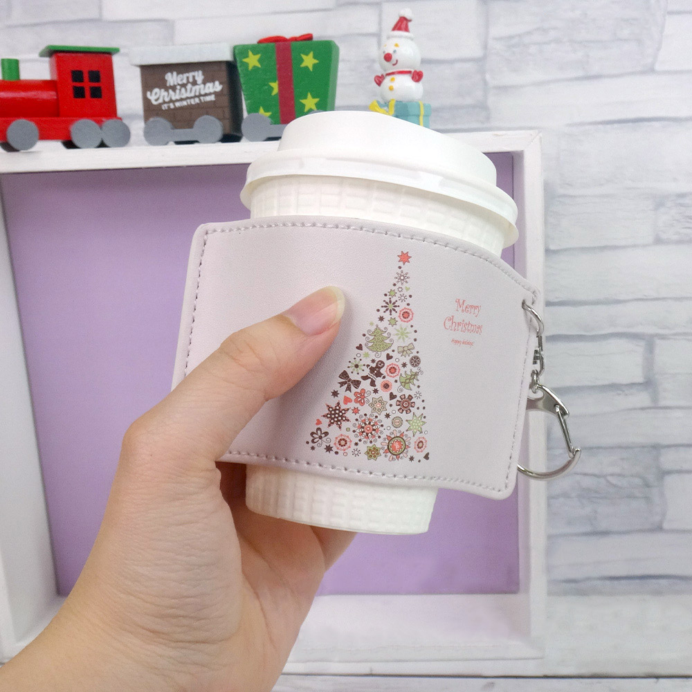 クリスマス カップスリーブ 合皮レザー製 デザインA（グリーン×フラワー）