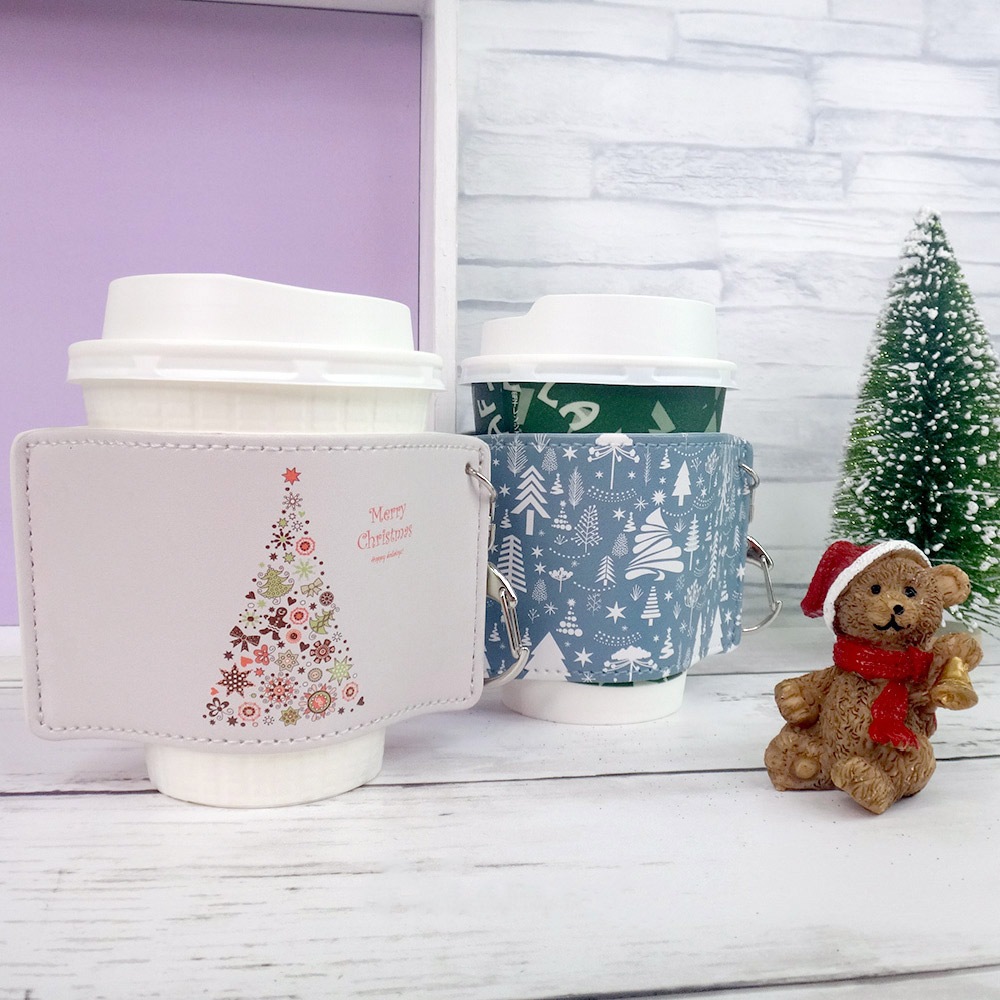 クリスマス カップスリーブ 合皮レザー製 デザインB（グレー×ツリー）