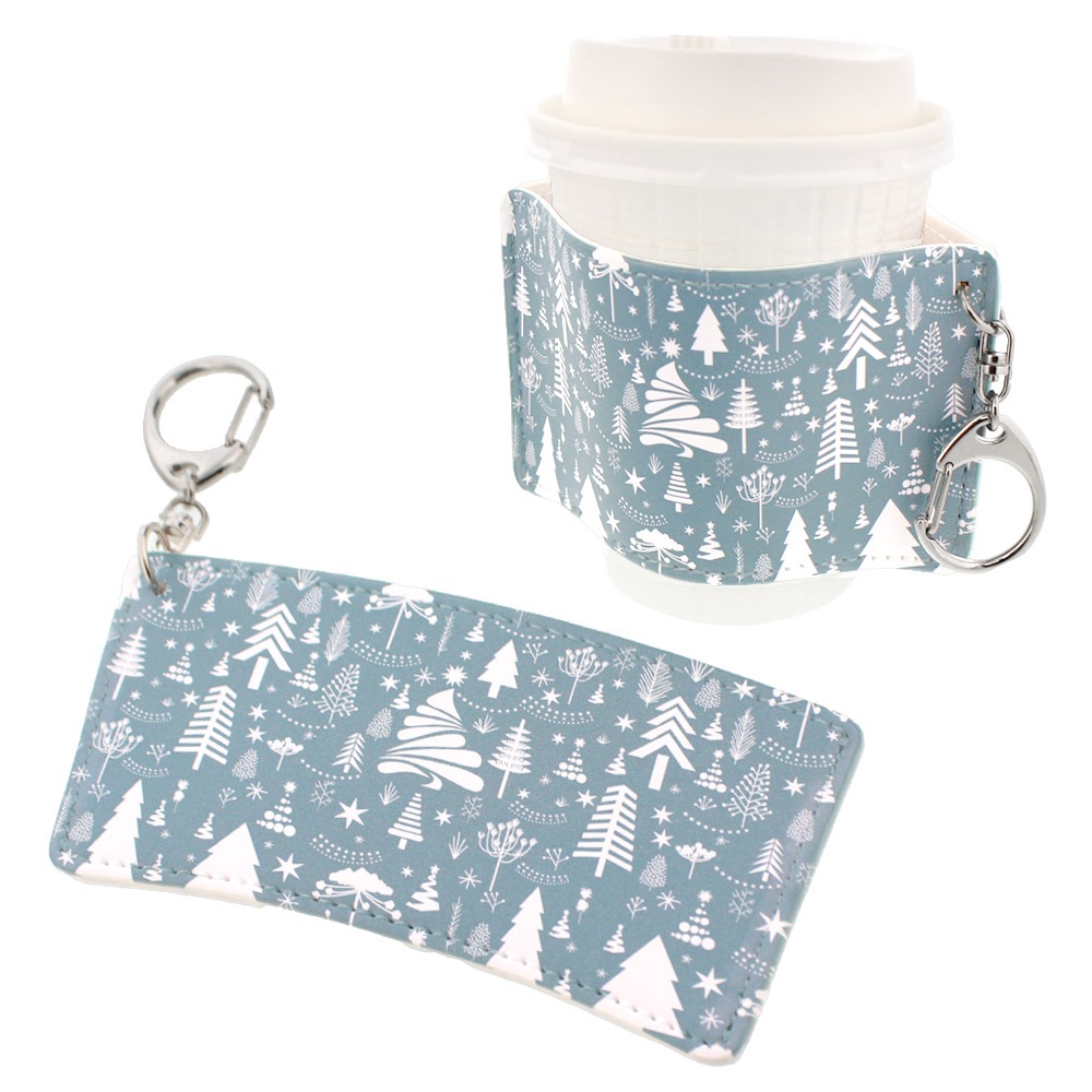 クリスマス カップスリーブ 合皮レザー製 デザインC（ライトグリーン×ツリー）