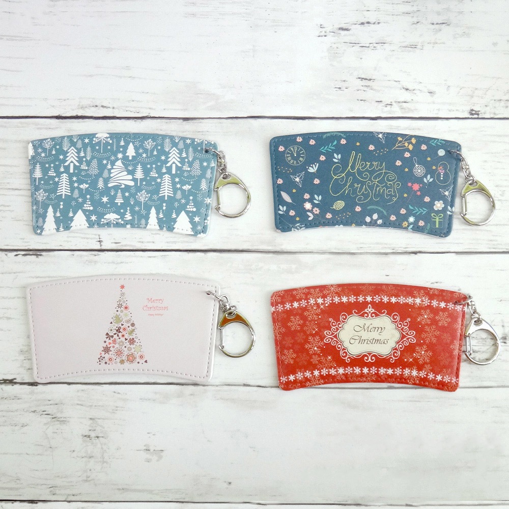 クリスマス カップスリーブ 合皮レザー製 デザインC（ライトグリーン×ツリー）