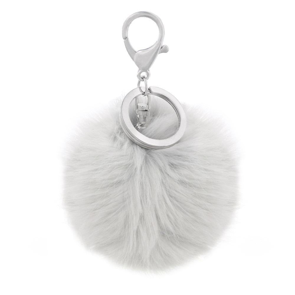 フェイクファーチャーム グレー 12cm 二重リング＆フック付き シルバー