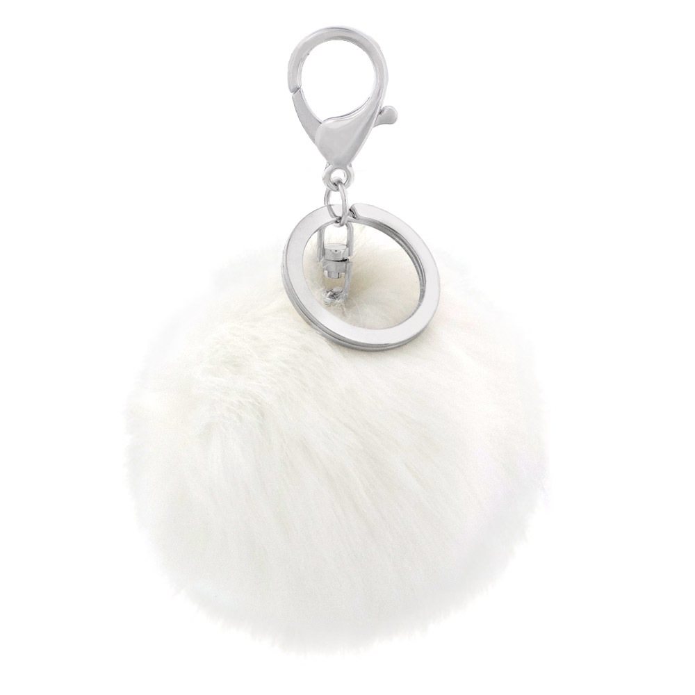 フェイクファーチャーム ホワイト 12cm 二重リング＆フック付き シルバー