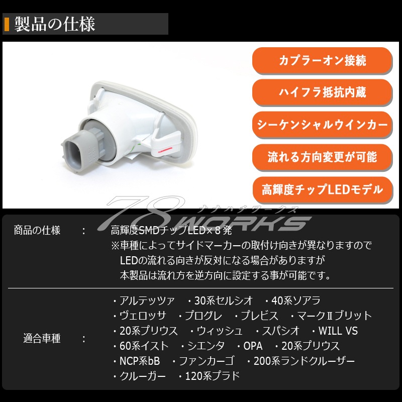 セルシオ UCF30 UCF31<br>流れるウインカータイプ<br>LEDサイドマーカー Ｖ２<br>３色から選べる