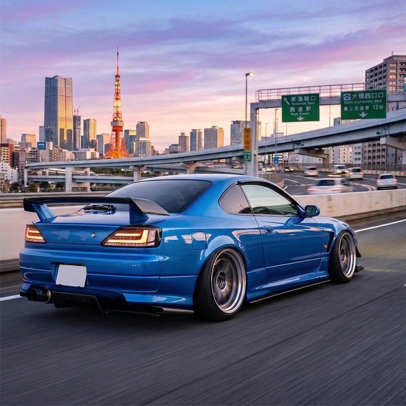 S15 シルビア / ヴァリエッタ<br>流れるウインカー サイドマーカー付き<br>ファイバーLEDテールランプ<br>ブラック/クリアー