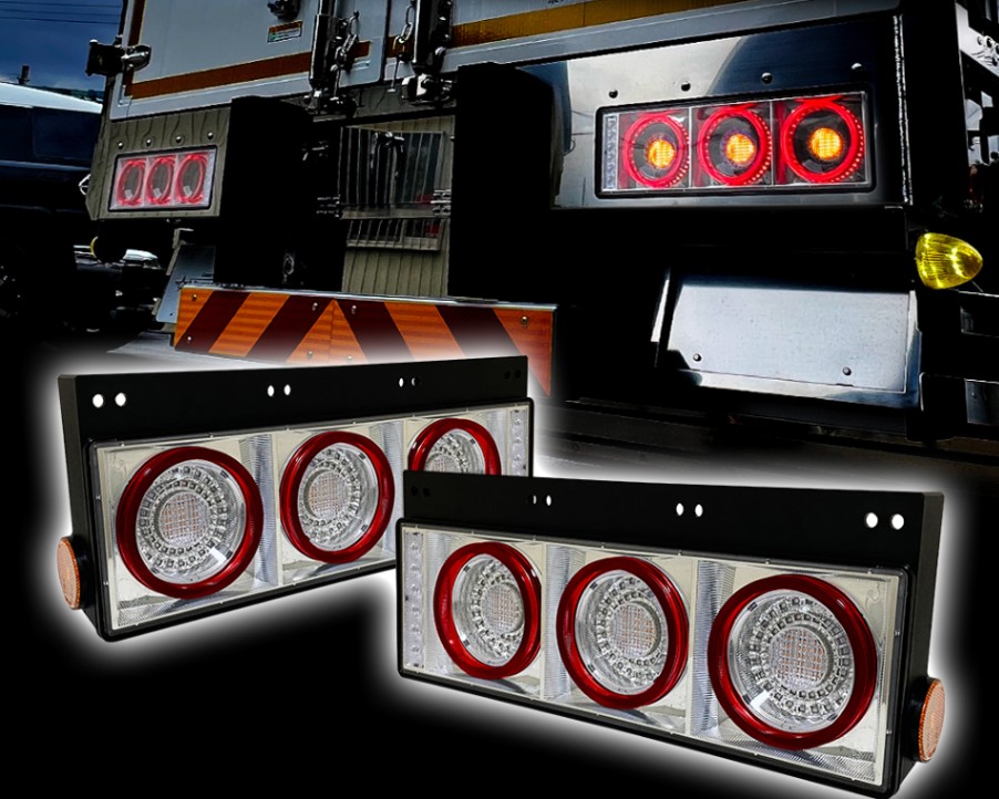 【保安基準適合・車検対応Eマーク取得済み】24V大型・中型トラック 汎用 FスタイルファイバーLEDテールランプ 丸型3連・流れるシーケンシャルウインカー仕様 クリアータイプ 左右1台分セット