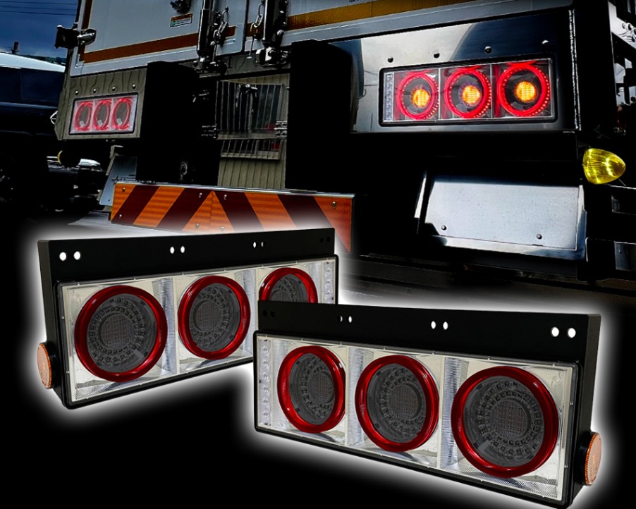 【保安基準適合・車検対応Eマーク取得済み】24V大型・中型トラック 汎用 FスタイルファイバーLEDテールランプ 丸型3連・流れるシーケンシャルウインカー仕様 クリアスモークタイプ 左右1台分セット