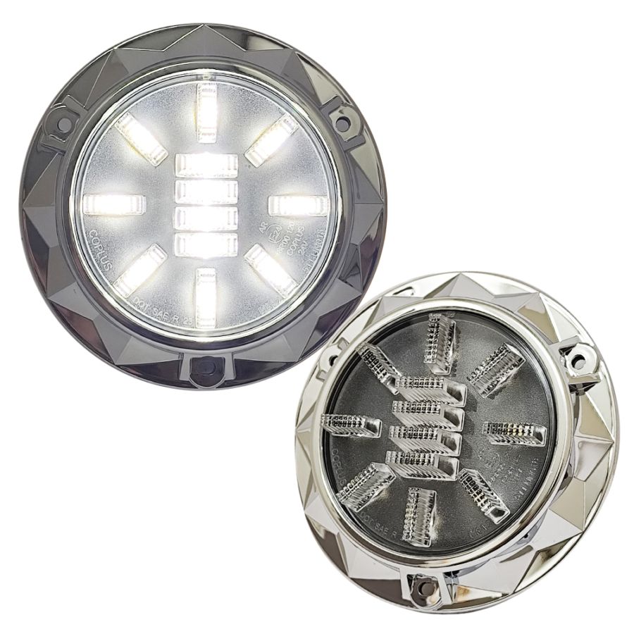 【保安基準適合・車検対応Eマーク取得済み】24V 丸型3Dデザインテール 単体 バックランプ（白クリアー） トレーラーテール/大型・中型トラック/汎用・架装用