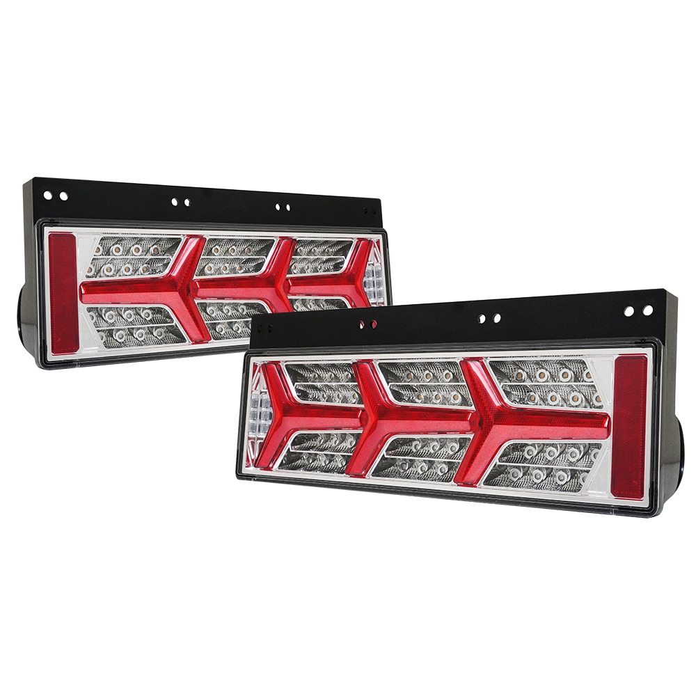 【保安基準適合・車検対応Eマーク取得済み】24V ユーロスタイル3連ファイバーLEDテールランプ V2 クリスタルファイバー・流れるシーケンシャルウインカー仕様 大型・中型トラック 汎用[クリアー]