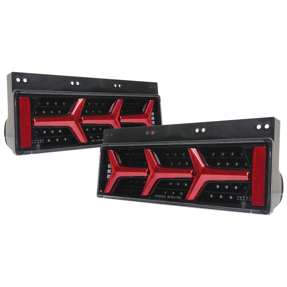 【保安基準適合・車検対応Eマーク取得済み】24V ユーロスタイル3連ファイバーLEDテールランプ V2 クリスタルファイバー・流れるシーケンシャルウインカー仕様 大型・中型トラック 汎用[ブラッククローム]