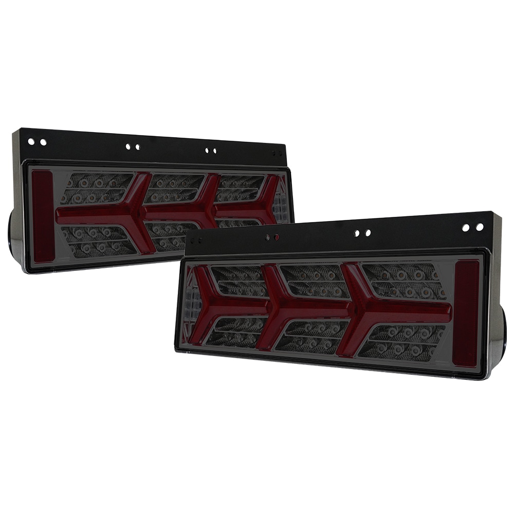 【保安基準適合・車検対応Eマーク取得済み】24V ユーロスタイル3連ファイバーLEDテールランプ V2 クリスタルファイバー・流れるシーケンシャルウインカー仕様 大型・中型トラック 汎用[スモーク]