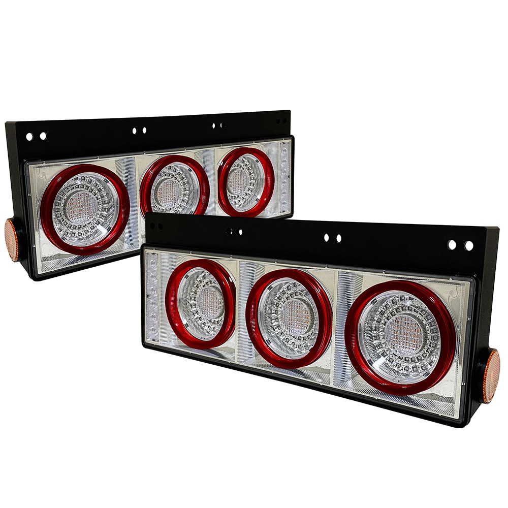 【保安基準適合・車検対応Eマーク取得済み】24V大型・中型トラック 汎用 FスタイルファイバーLEDテールランプ 丸型3連・流れるシーケンシャルウインカー仕様 クリアータイプ 左右1台分セット