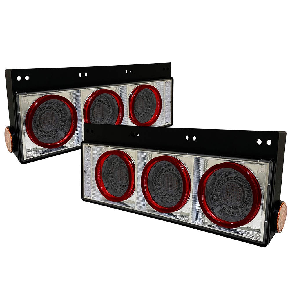 【保安基準適合・車検対応Eマーク取得済み】24V大型・中型トラック 汎用 FスタイルファイバーLEDテールランプ 丸型3連・流れるシーケンシャルウインカー仕様 クリアスモークタイプ 左右1台分セット