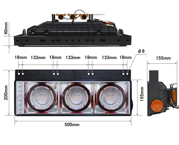 【保安基準適合・車検対応Eマーク取得済み】24V大型・中型トラック 汎用 FスタイルファイバーLEDテールランプ 丸型3連・流れるシーケンシャルウインカー仕様 クリアスモークタイプ 左右1台分セット