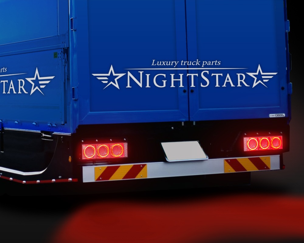 【保安基準適合・車検対応Eマーク取得済み】24V大型・中型トラック 汎用 FスタイルファイバーLEDテールランプ 丸型3連・流れるシーケンシャルウインカー仕様 ブラックタイプ 左右1台分セット