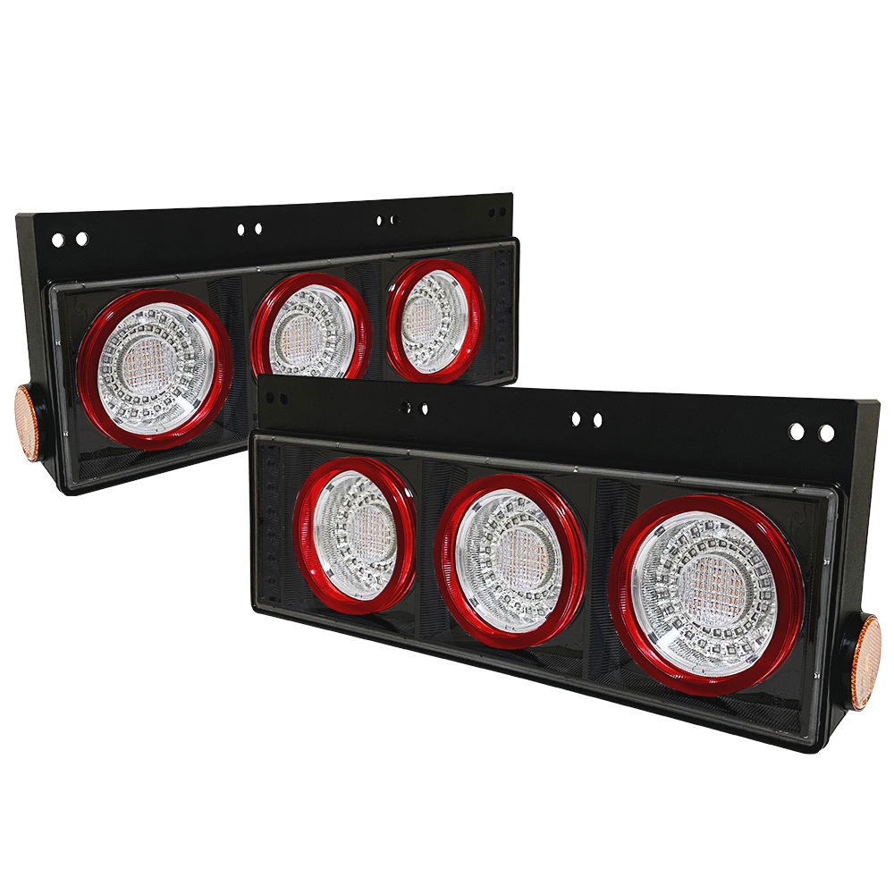 【保安基準適合・車検対応Eマーク取得済み】24V大型・中型トラック 汎用 FスタイルファイバーLEDテールランプ 丸型3連・流れるシーケンシャルウインカー仕様 ブラックタイプ 左右1台分セット