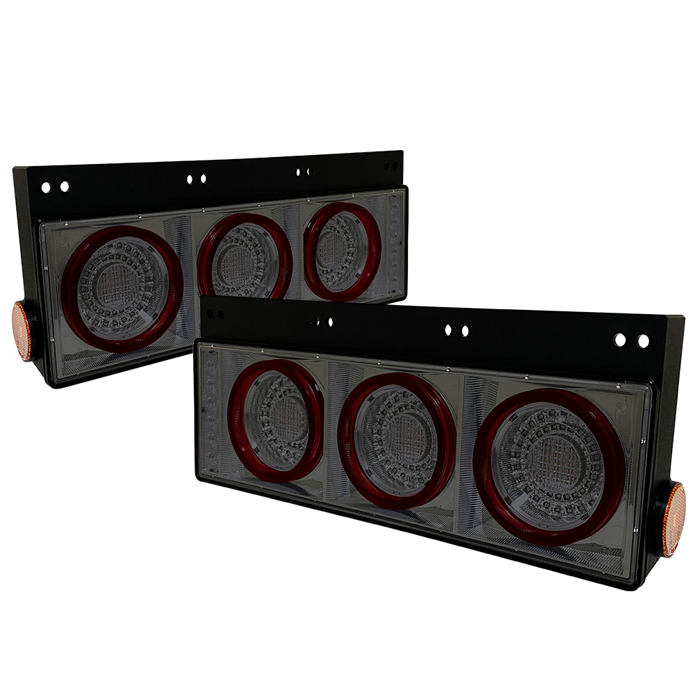 【保安基準適合・車検対応Eマーク取得済み】24V大型・中型トラック 汎用 FスタイルファイバーLEDテールランプ 丸型3連・流れるシーケンシャルウインカー仕様 スモークタイプ 左右1台分セット